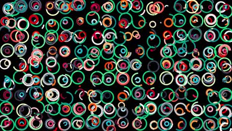 líneas estrechas abstractas que se mueven formando muchos círculos que se balancean sobre un fondo negro, bucle sin costuras. animación. figuras redondas coloridas, anillos extendidos caóticamente