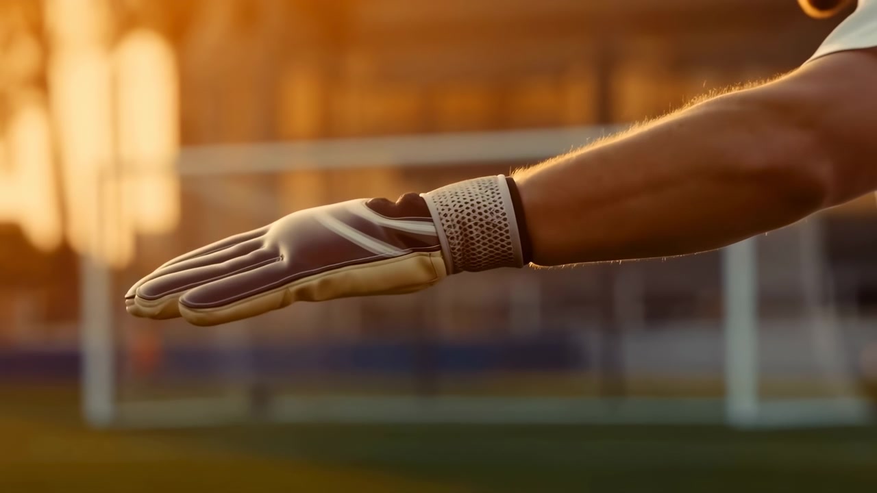 Guanto imbottito disteso sulla mano destra vicino all'area di porta, dita rilassate e palmo inclinato verso il basso, con luce calda di contorno, sfondo dello stadio sfocato e espressione concentrata e pronta attraverso la postura
