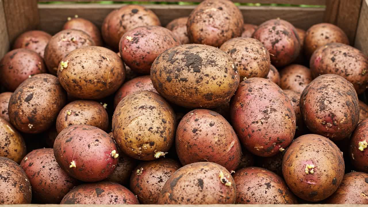 Freshly Harvested Potatoes Displayed in a Rustic Wooden Crate, Showcasing Their Earthy Texture and Unique Color Variation from Brown to Pink with Sprouting Eyes