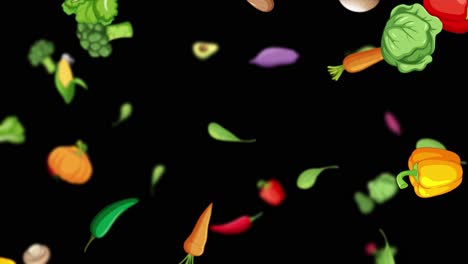 colorful vegetables falling against a dark backdrop