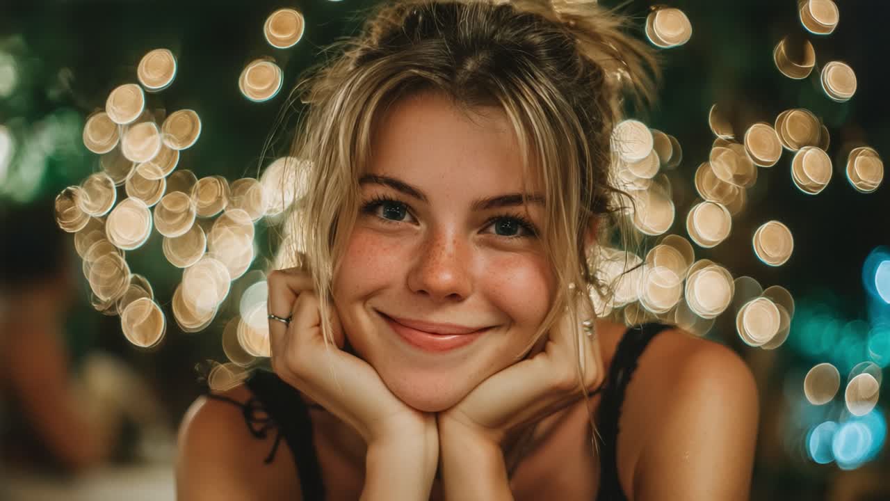 A Joyful Moment Captured: A Young Woman's Serene Smile and Sparkling Background Create a Warm and Inviting Atmosphere Full of Light and Happiness