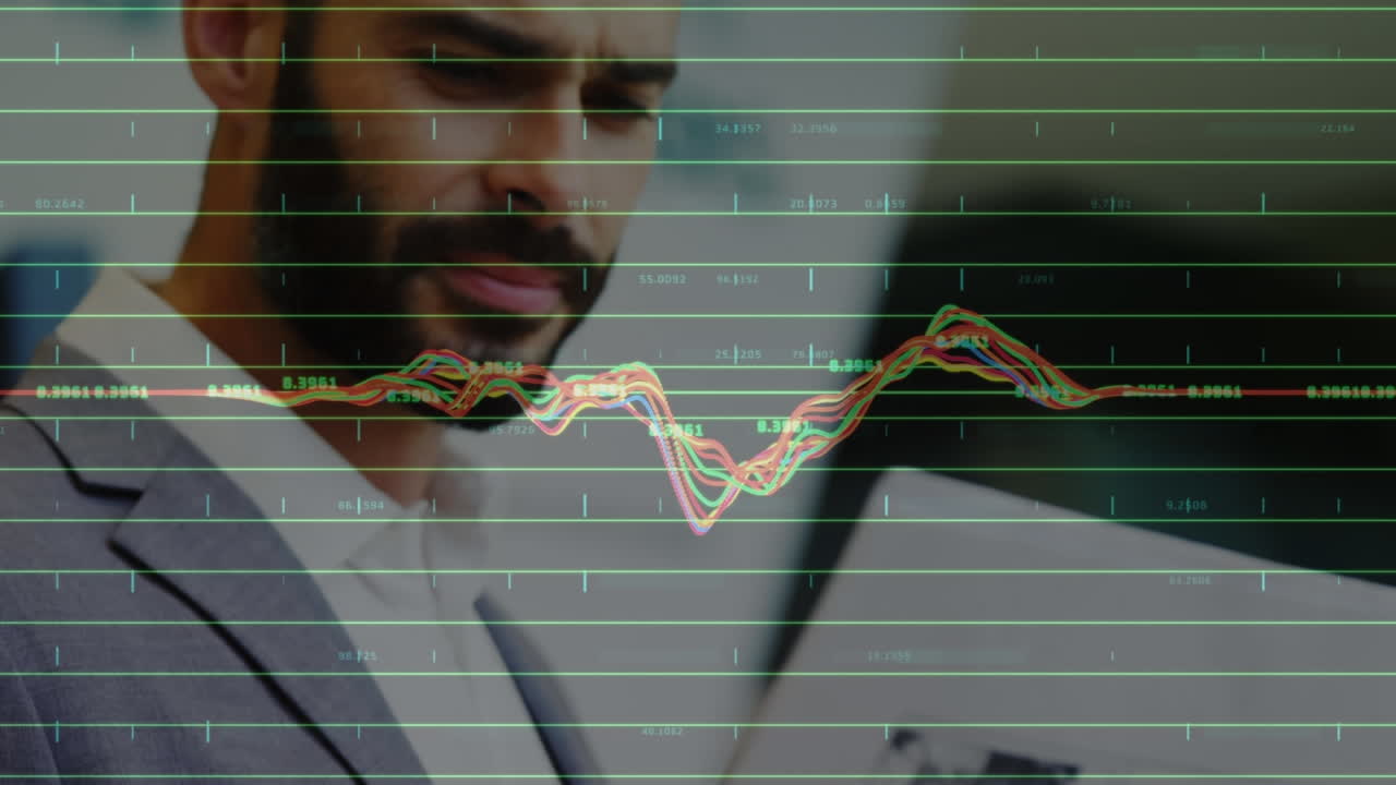 Animation of statistics and financial data processing over biracial businessman