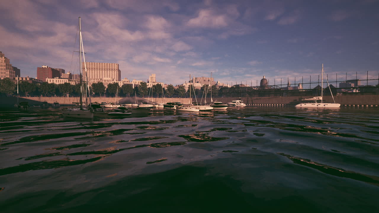 Sailboats anchored in a serene harbor with a city skyline at sunset
