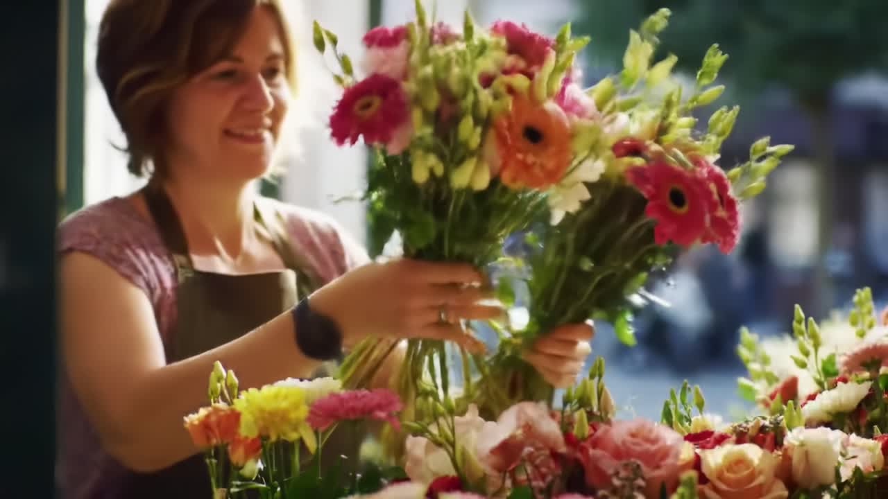 Donna che organizza fiori in un negozio di fiori