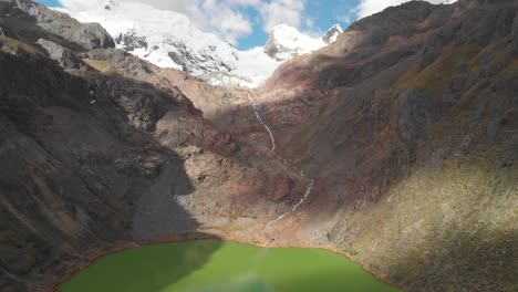 green lake with river and glacier mountains, front the peruvian andes. global warming effects