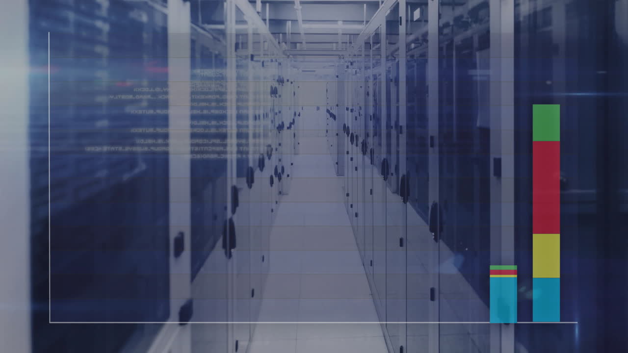 Processing data animation over server racks in data center