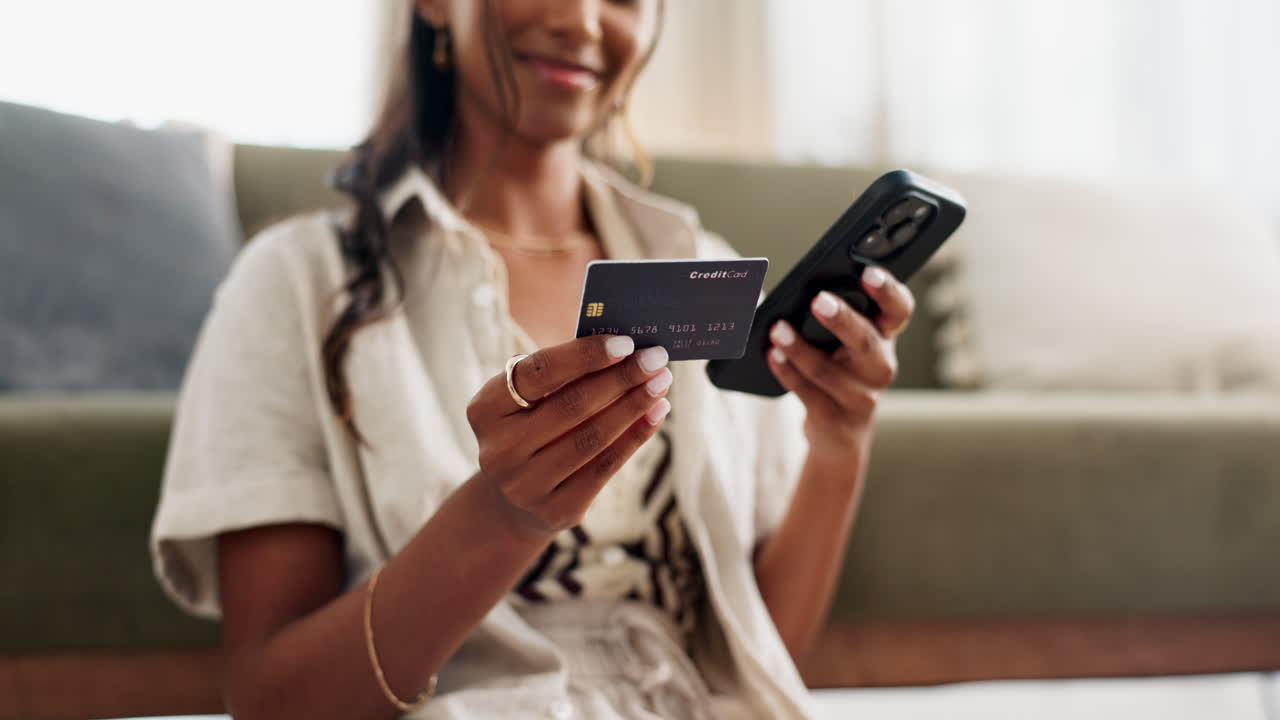 Woman, hands and phone with credit card for online
