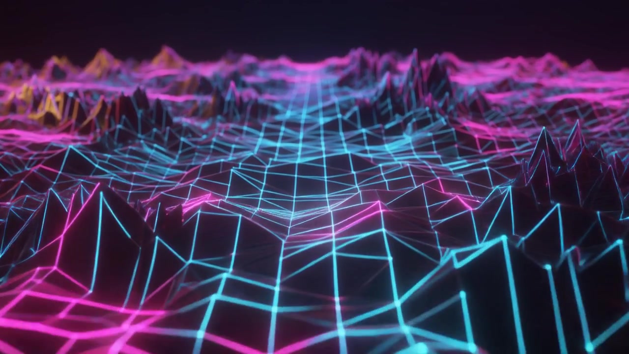 Abstract Digital Landscape with Neon Glowing Wireframe Grid