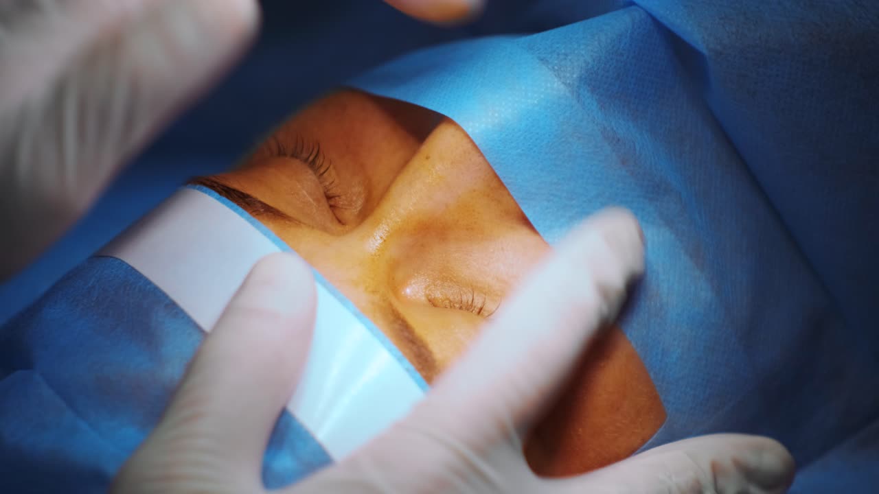 corrección de la visión con láser. un paciente y un equipo de cirujanos en la sala de operaciones durante una cirugía oftalmológica. especulo del párpado. tratamiento de lasik. paciente bajo una cubierta estéril