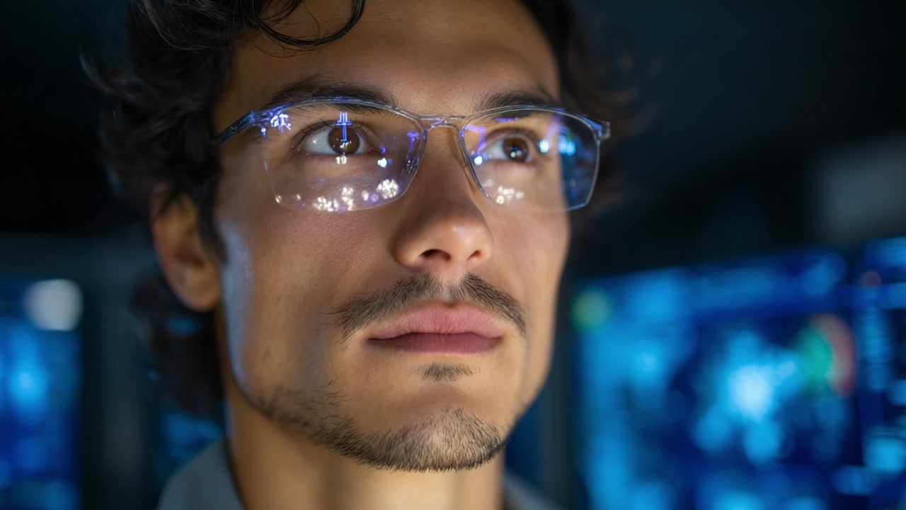 A Focused Individual in a High-Tech Environment, Showcasing Intense Concentration and Dedication While Engaging with Advanced Technology and Digital Displays, Reflecting the Future of Innovation and Intelligence