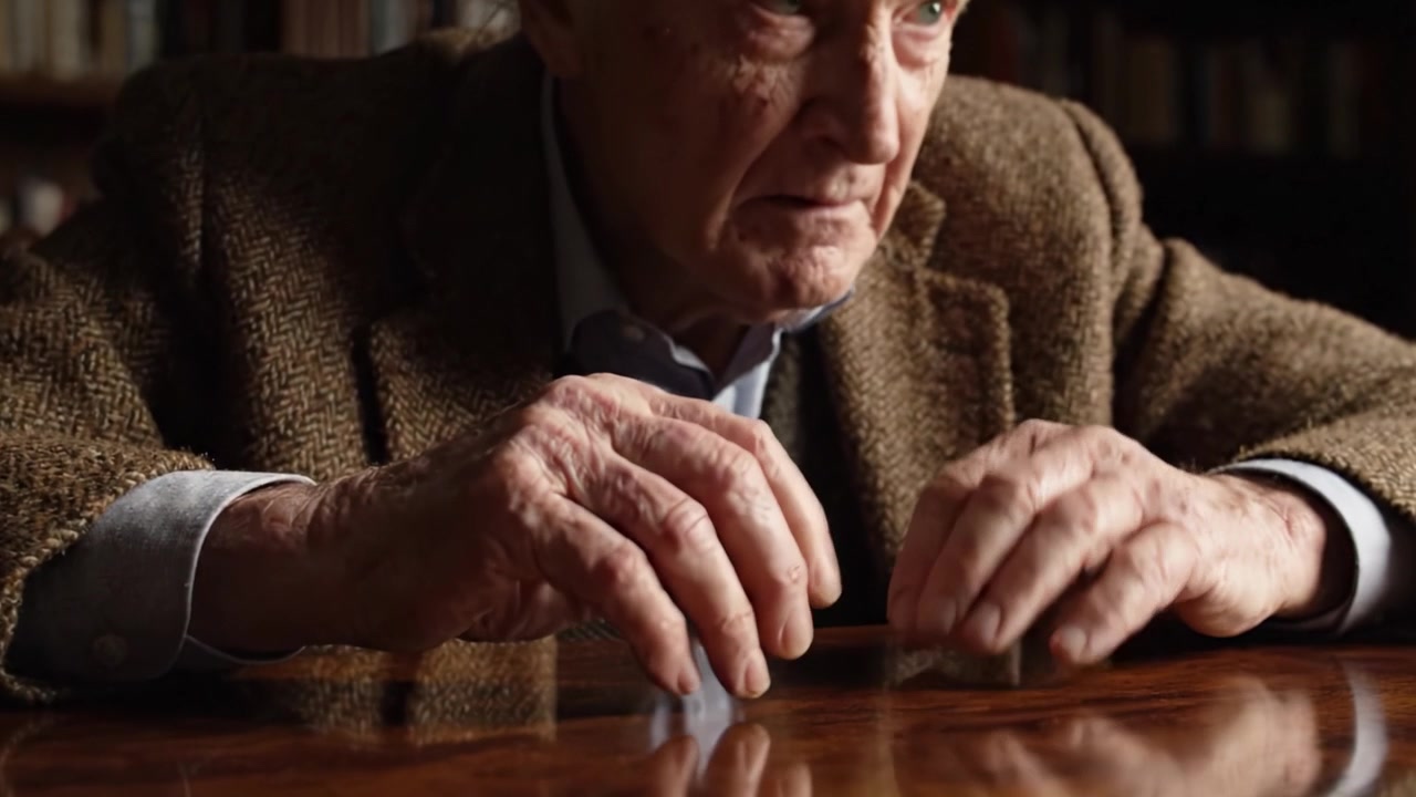 Un momento introspettivo: un uomo anziano contempla la vita mentre batte delicatamente le dita su una superficie di tavolo lucida, evocando ricordi ed emozioni