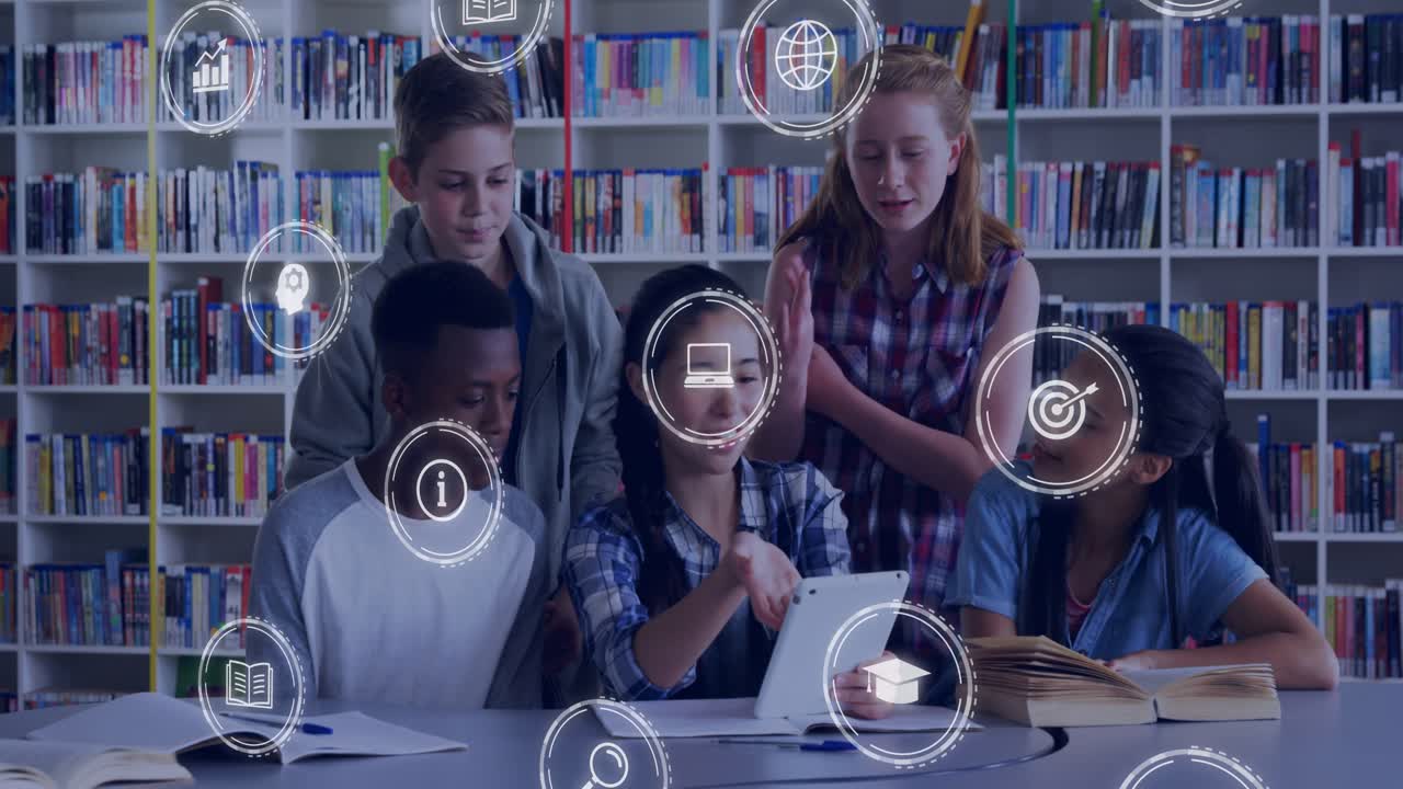 Five students leaning toward center girl tapping tablet, creating icons around group for study