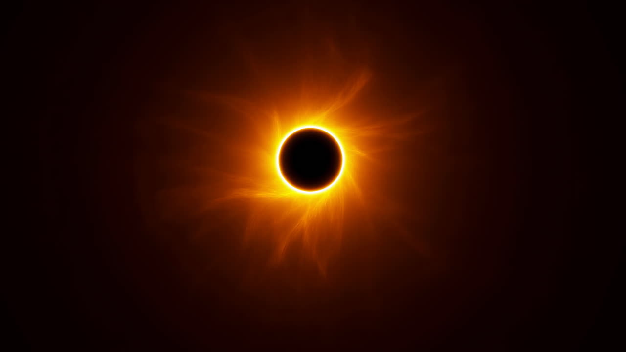 Eclipse Solar Total Sobre Céu Escuro, Chamas Coronais Dramáticas Rodeiam o Disco Lunar Negro Com Auréola Laranja Ardente.