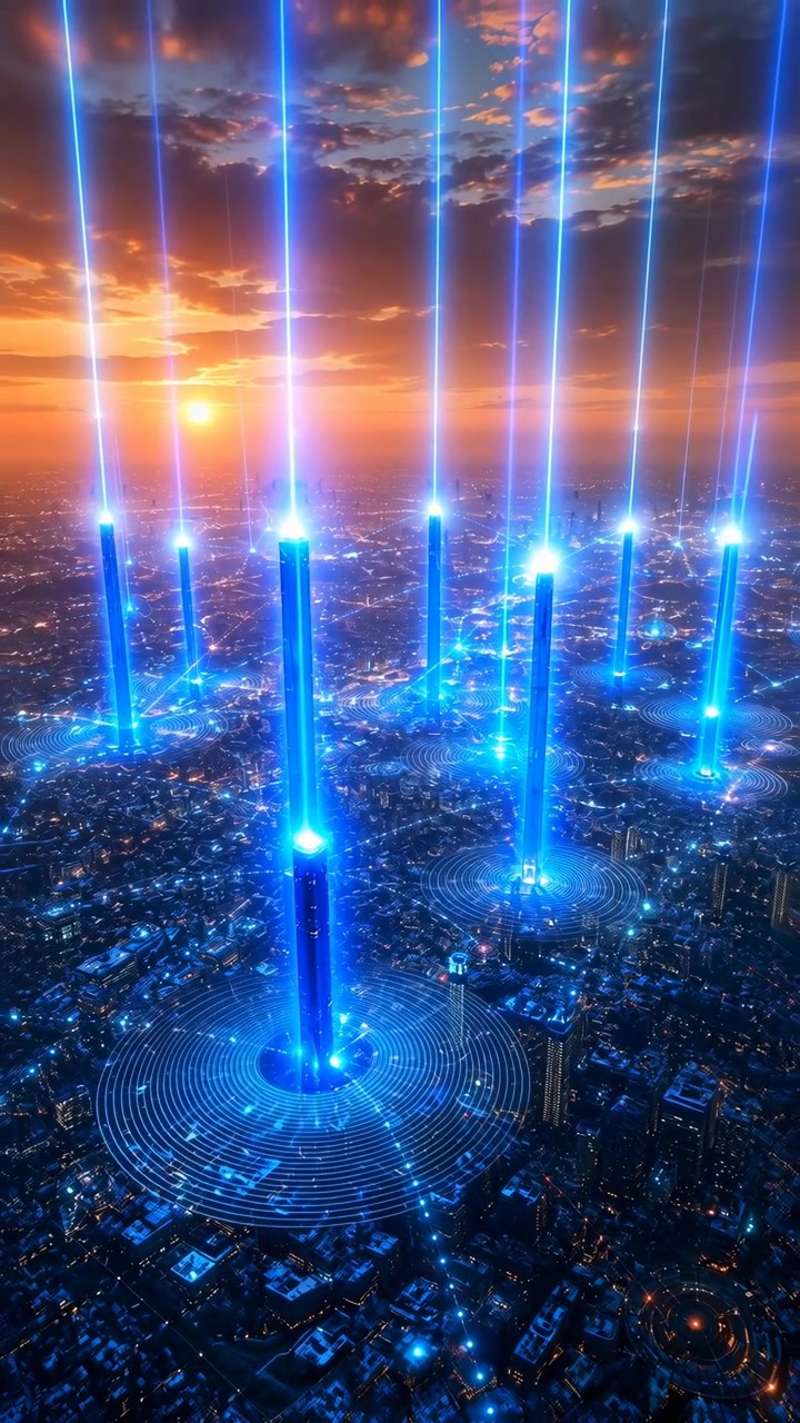 Aerial view advances across illuminated high-rise towers as bright blue beams intensify above concentric digital rings, with city lights spreading toward warm sunset horizon.
