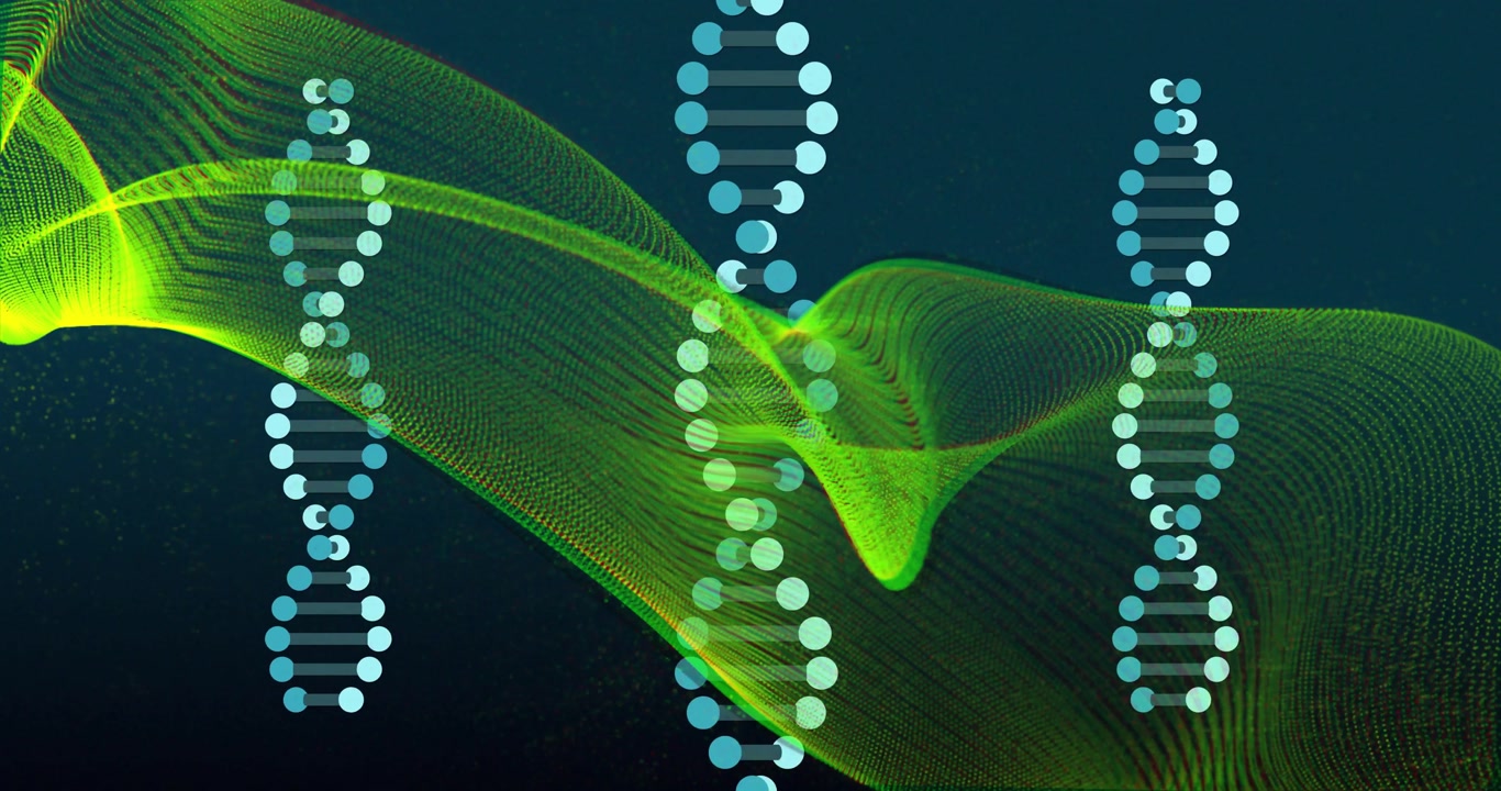 Flowing green mesh ribbon causing dotted helix columns sliding in overlapping forming layered motif