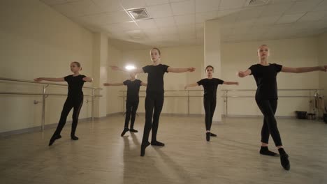 a group of young ballet students in black dancewear practicing positions in a spacious ballet studio with wooden flooring and wall-mounted barres. focused expressions and synchronized movements.