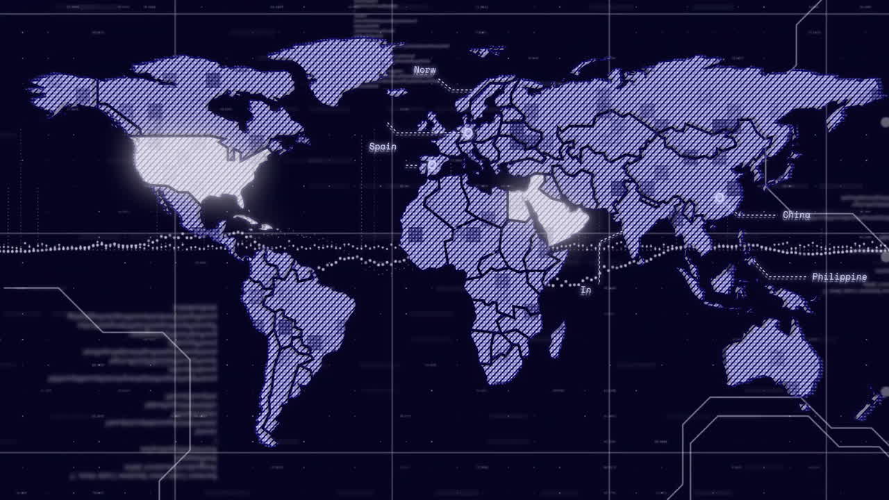 mapa del mundo con países resaltados y puntos de datos animación sobre fondo oscuro