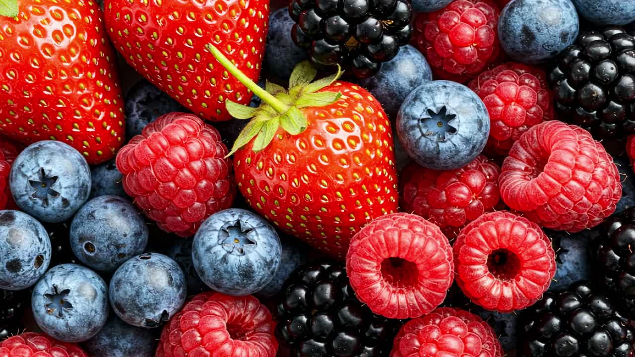 Colorful display of fresh berries in close-up arrangement showcasing strawberries, blueberries, raspberries, and blackberries