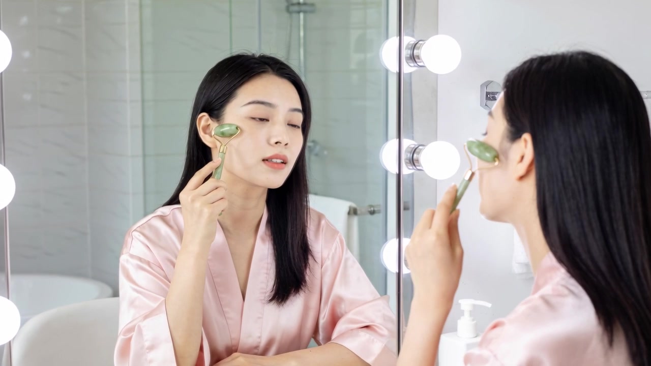 Wanita berjubah merah muda menatap cermin rias, mengangkat dan menggulirkan jade roller di pipi sambil memeriksa kulit