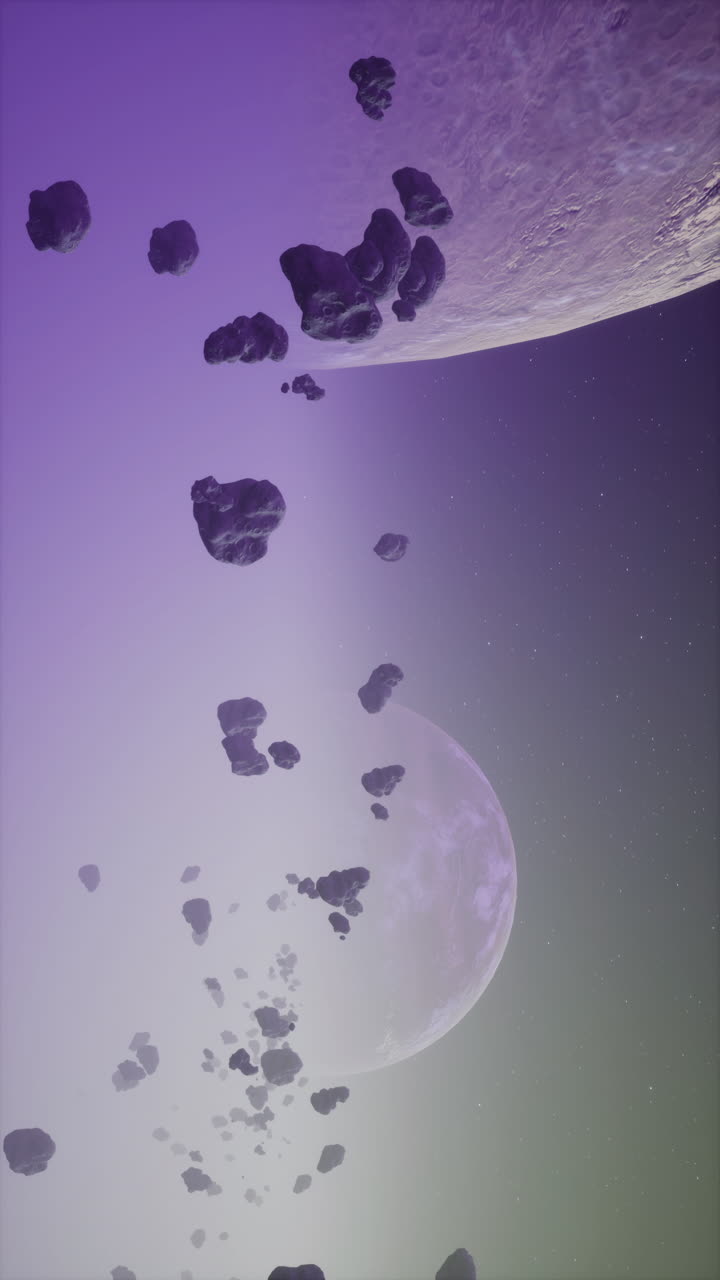 cielo púrpura con asteroides pasando por un planeta