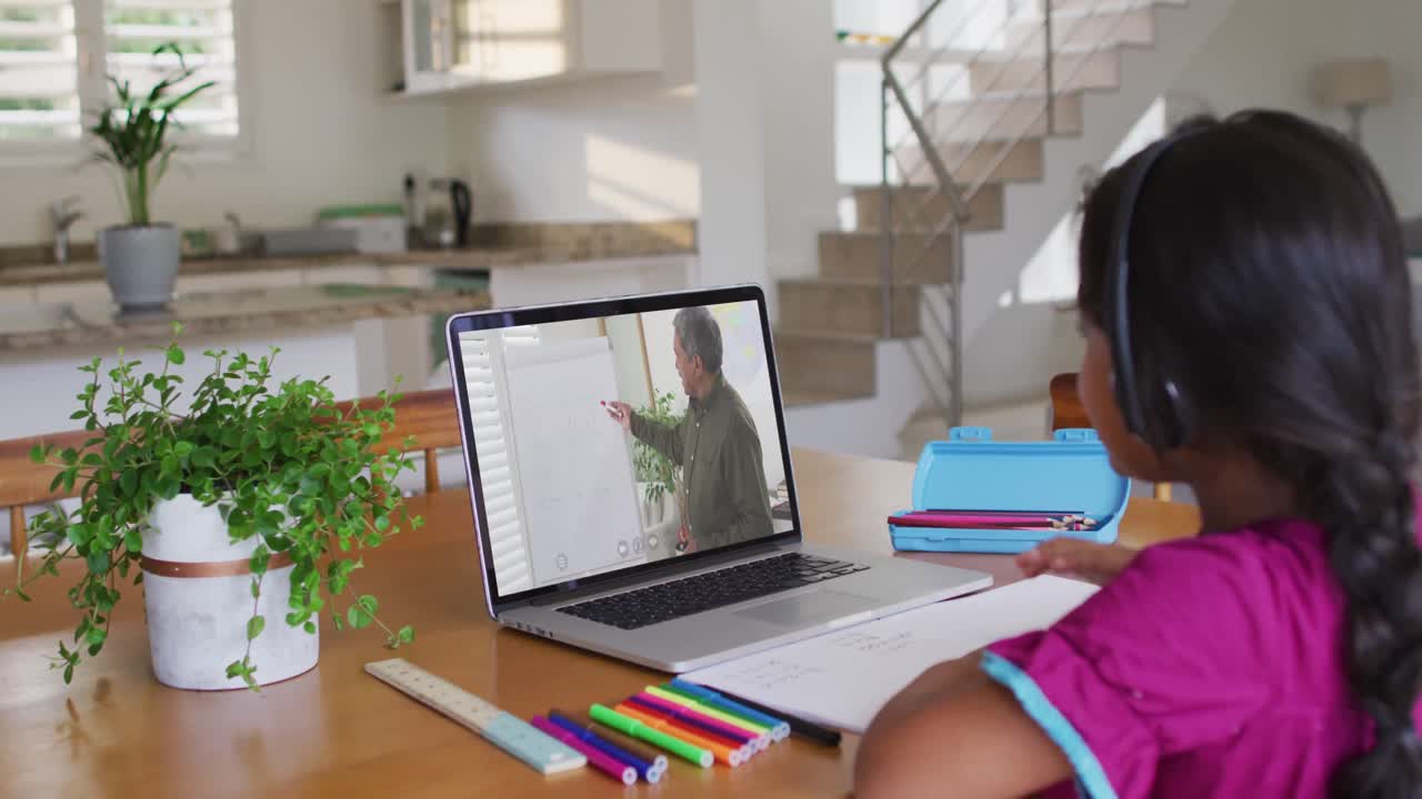 Niña afroamericana levantando la mano durante una videollamada con su maestro en el portátil en casa