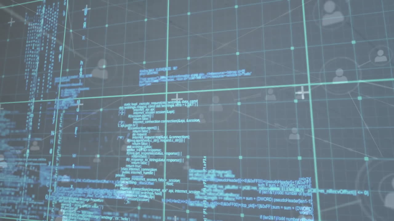 3D render network interface displaying code snippets, user icons, gridlines and connecting pathways