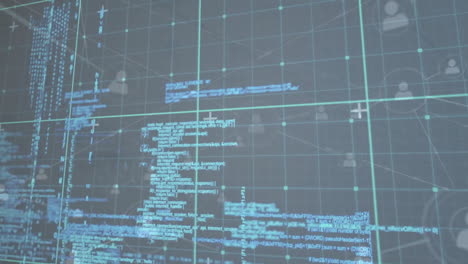 3d render network interface displaying code snippets, user icons, gridlines and connecting pathways