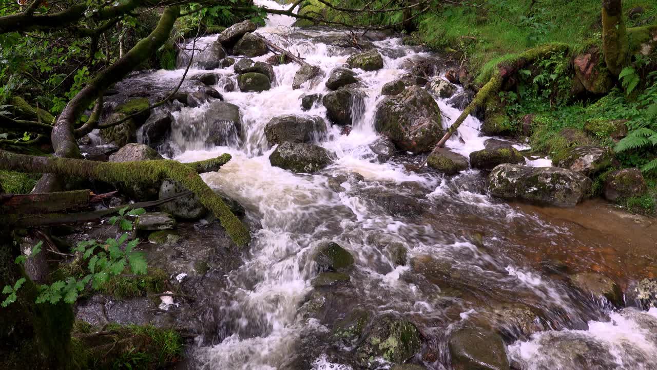 The Poulanass river tumbles over boulders at the top of the water falls in Wicklow National Park, Ireland