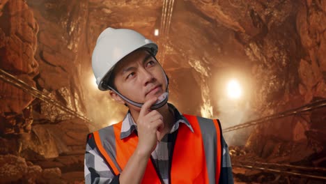 close up of asian male engineer with safety helmet thinking and looking around then raising his index finger while standing in underground mine tunnel