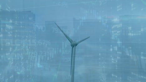 Animation-of-trading-board-with-graph-over-spinning-windmill-against-buildings