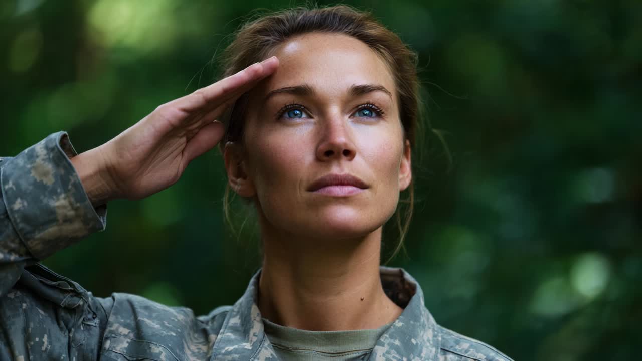 A resolute soldier saluting with pride against a vibrant green backdrop, showcasing strength and dedication in the midst of nature's tranquility, exemplifying resilience and patriotism in service