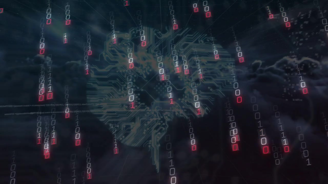 Dark data cloud opening, binary columns falling, core circuit motif clarifying to show diagnostics