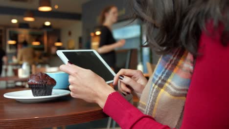 pretty brunette having a coffee in cafe using tablet