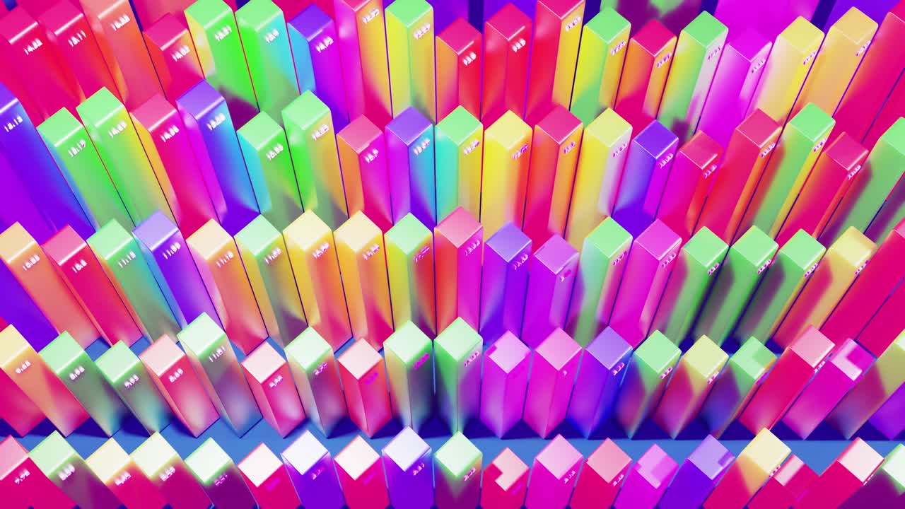 추상적인 인포그래픽, 통계 데이터, 다채로운 바, 카운터 및 그래프를 가진 분석 프로그램을위한 아름다운 3d 루프 배경 3d 열은 루프에서 부드럽게 위아래로 이동합니다.