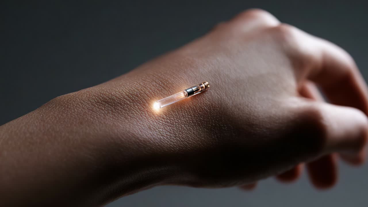 Exploring the Fusion of Technology and Humanity: A Close-Up of an Innovative Device Embedded in Skin, Emitting a Soft Glow, Symbolizing the Future of Wearable Tech and Body Integration