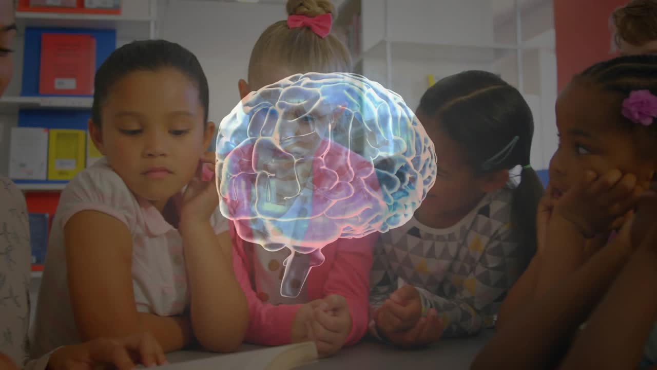 Pupils at book in classroom, reader tapping page starting brain hologram rotating teacher guiding