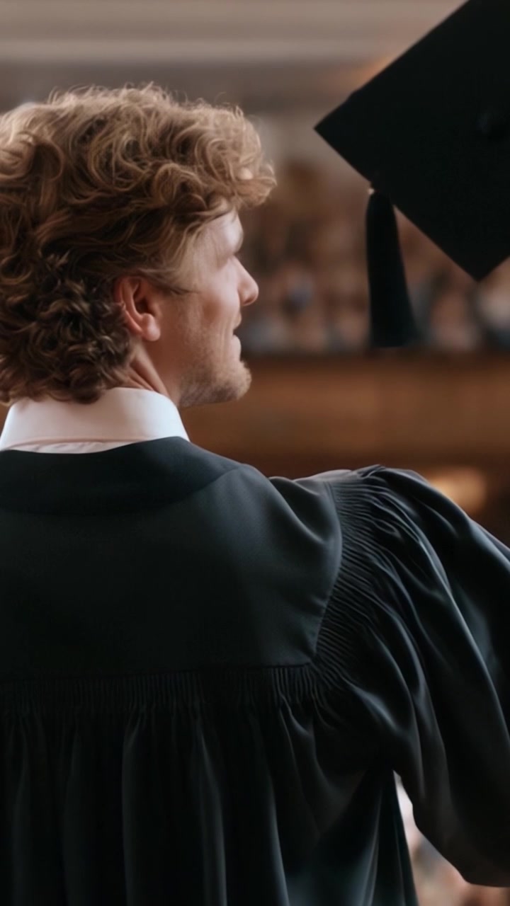 Un orgoglioso laureato celebra il suo traguardo in un momento di gioia, lanciando il tocco di laurea in aria, a significare il completamento del suo percorso accademico.