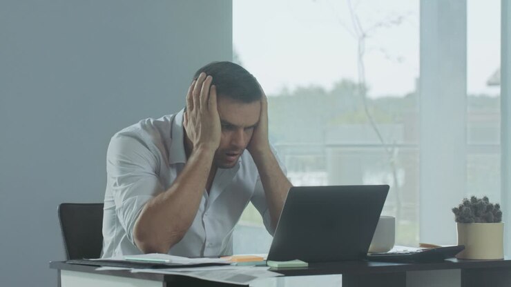 Business man getting bad news. Depressed male freelancer working on laptop.