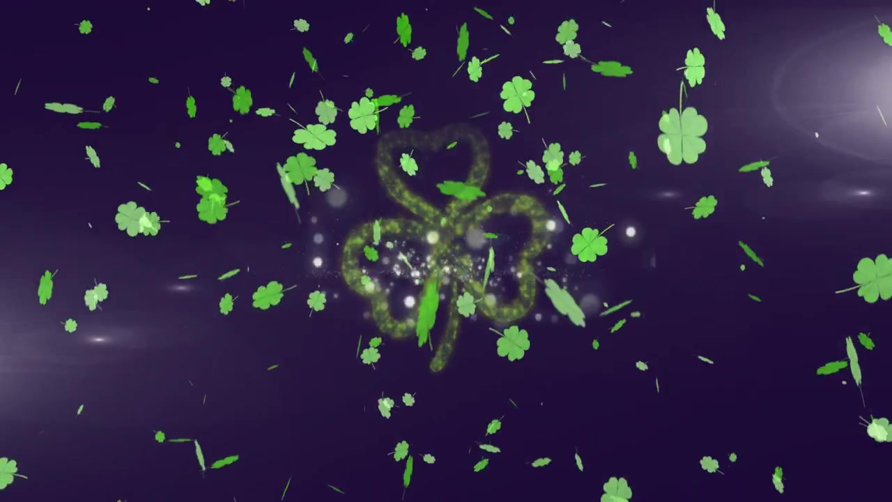 Sparks bursting, sparking central shamrock pulsing, rotating and sending clover sprites for logo