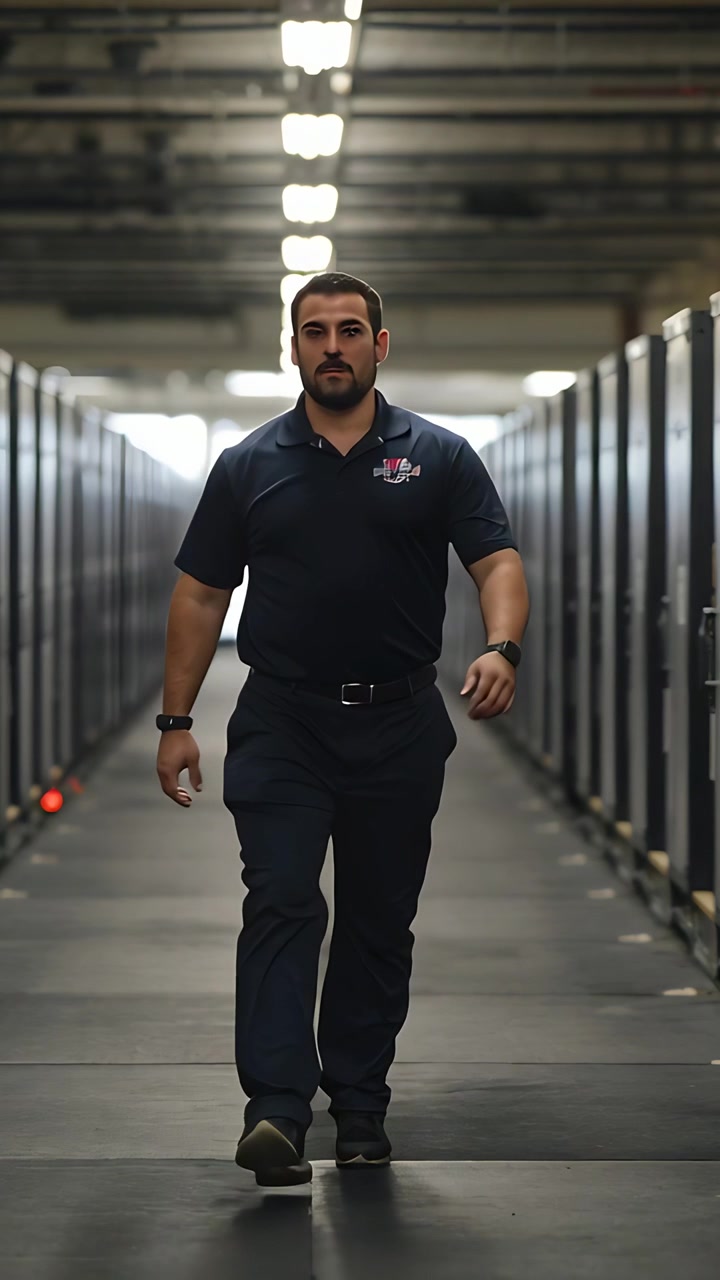 Video verticale: Uomo che cammina in polo blu scuro pattuglia un corridoio di un data center, mostrando una toppa e un pennarello rosso.