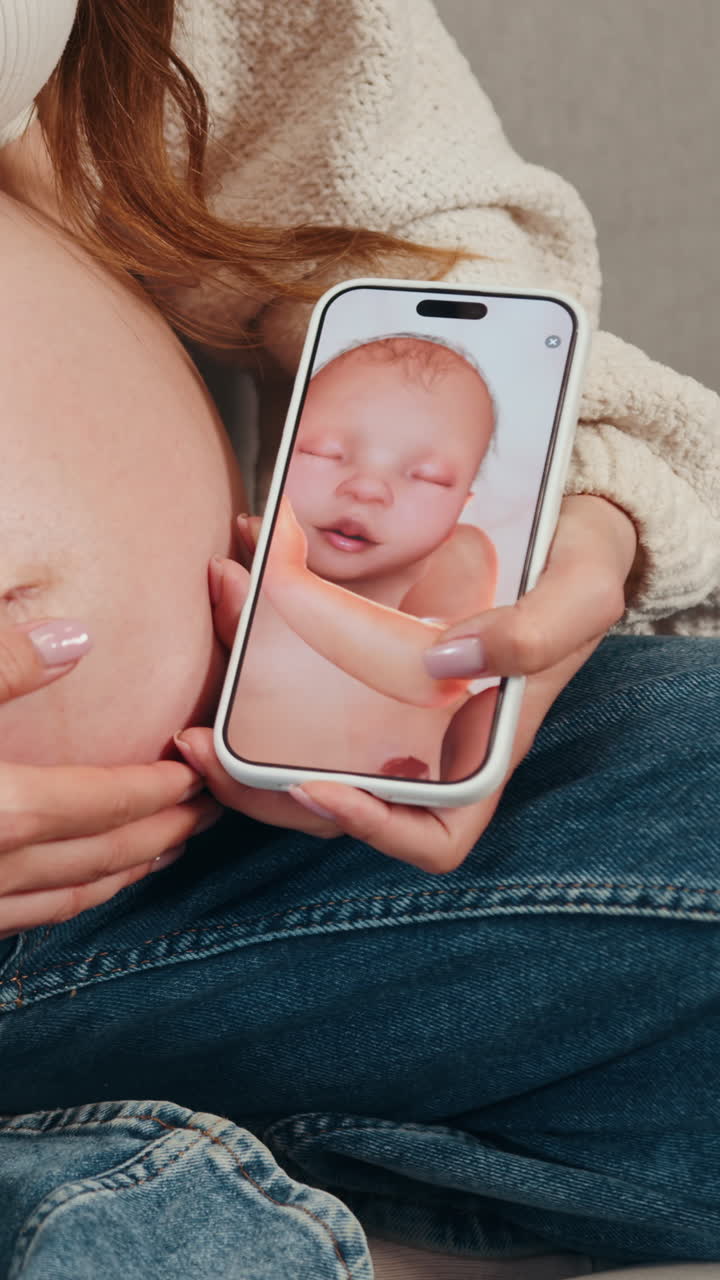 Donna incinta che tiene in mano un telefono con un'immagine ecografica del bambino, primo piano del ventre e delle mani