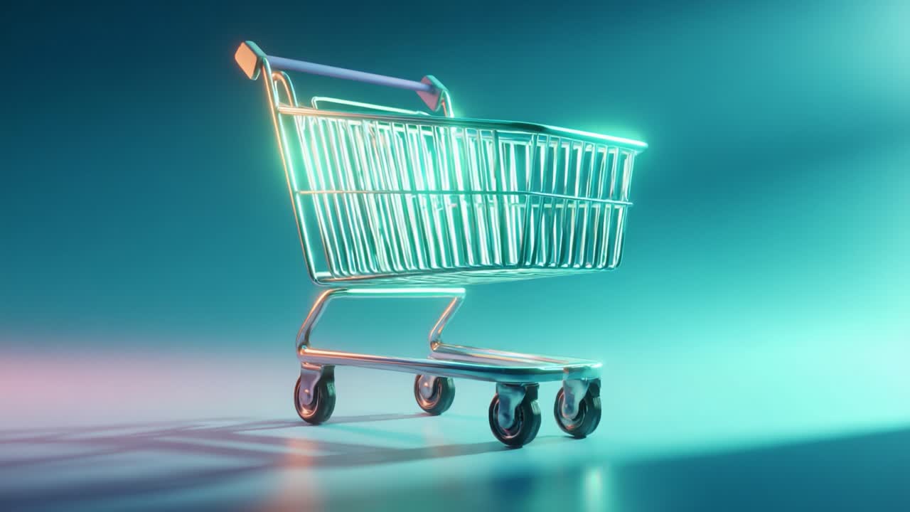 A Stylish Shopping Cart Set Against a Futuristic Gradient Background, Highlighting the Modern Design and Functionality of Retail Equipment