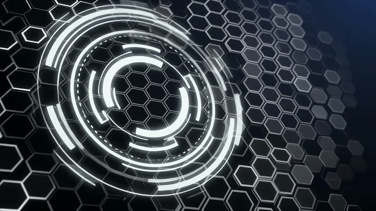 Fundo Abstrato de Tecnologia com HUD Luminoso e Grade Hexagonal