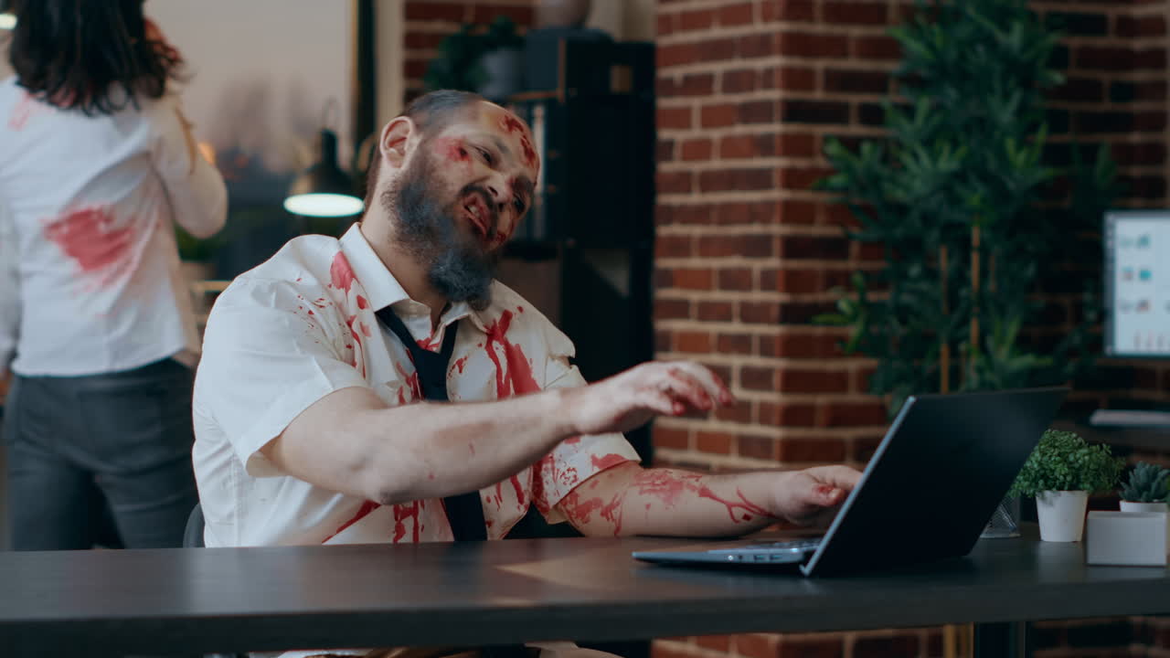 Scary looking zombie trying to work on modern laptop in office workspace