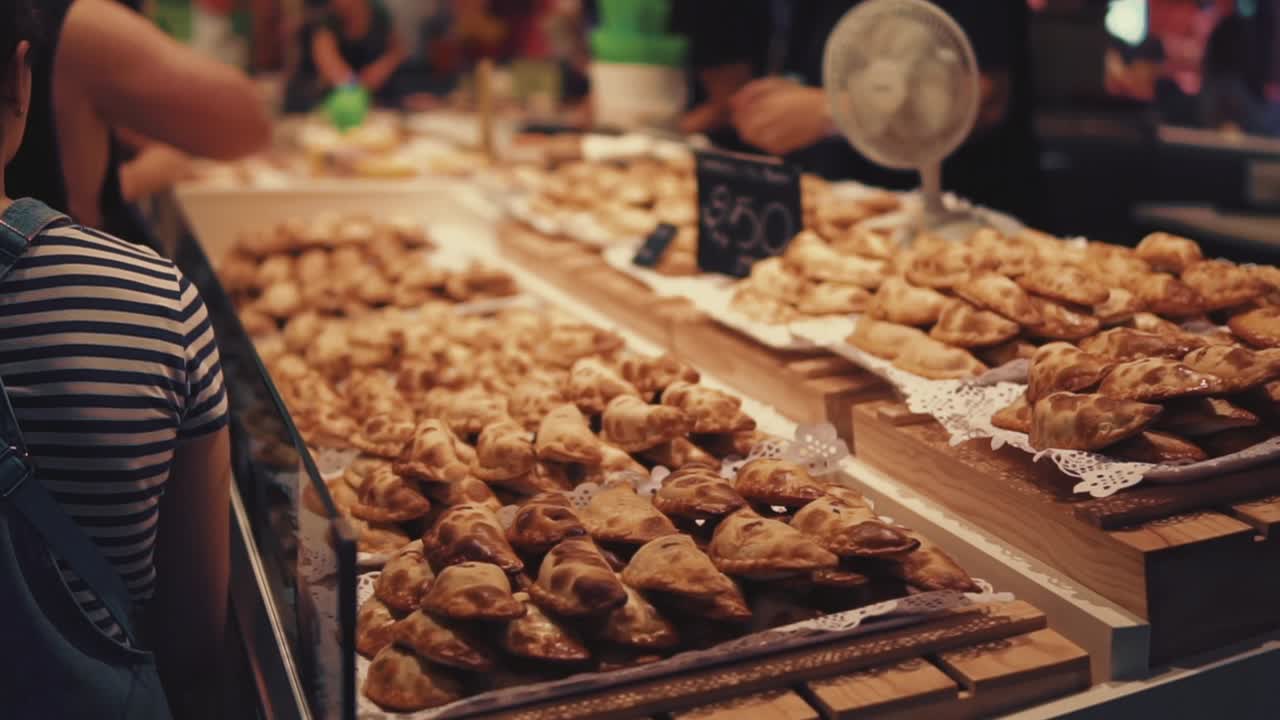 exhibición de empanadas en un mercado