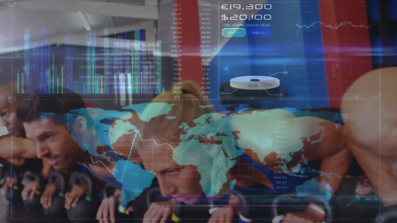 Gym team performing kettlebell rows, overlay appearing and updating currency charts for finance