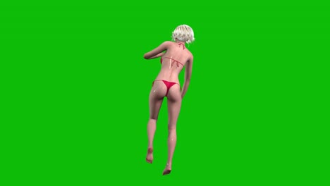 personaje femenino en 3d, mujer con cabello rubio y piel húmeda, con bikini rojo, traje de baño y gafas de sol, bailando estilo 2 en pantalla verde, animación en 3d.