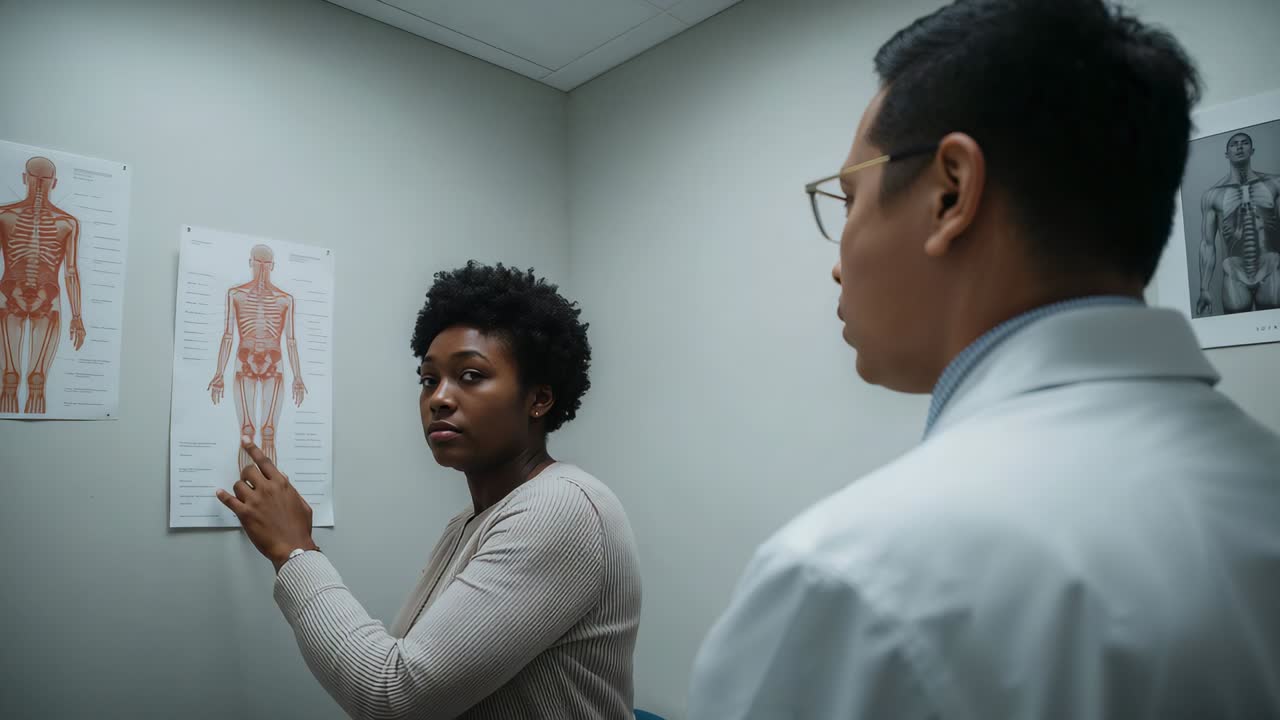 Pointing patient pointing at thigh on chart in exam room, wearing ribbed sweater, asking doctor