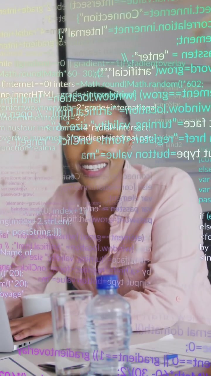 Animation of financial data processing over diverse business people in office