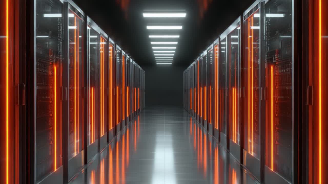 Et højteknologisk datacenter, der viser rækker af serverreoler oplyst med et orange skær, hvilket fremhæver moderne infrastruktur i et elegant, strømlinet miljø